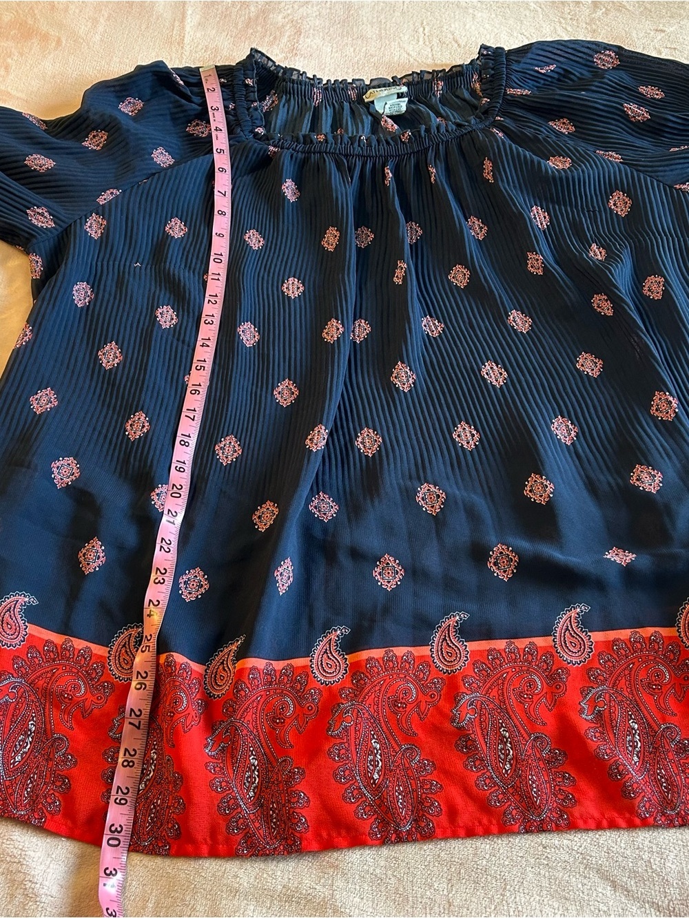 Catherine’s blue and red paisley semi sheer flowy blouse bell sleeves boho 1X - Picture 10 of 10